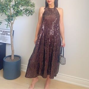 ZARA Brown Sequin Halter Maxi Dress XS | NWT